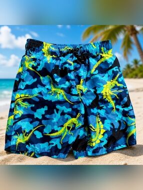 Boys Size 8 Dinosaur Swim Trunks Blue Camo Print Elastic Waist EUC